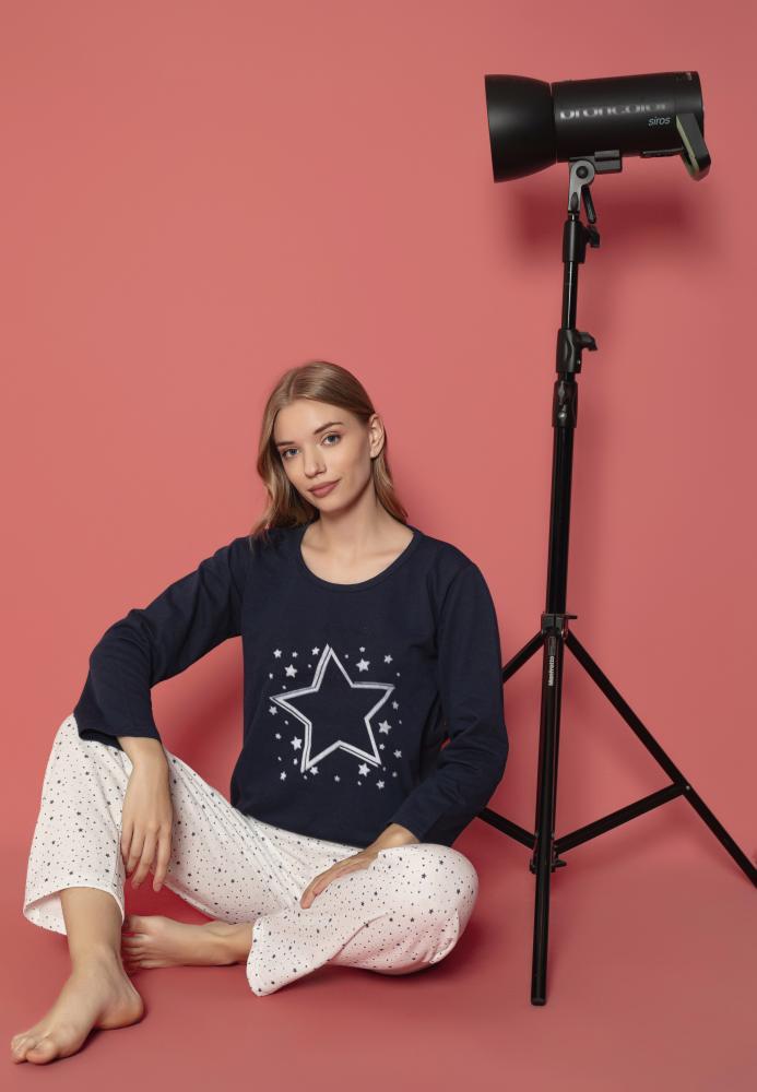Pijama damă vătuită cu mânecă lungă și pantaloni lungi din bumbac, imprimeu cu stea, Engros